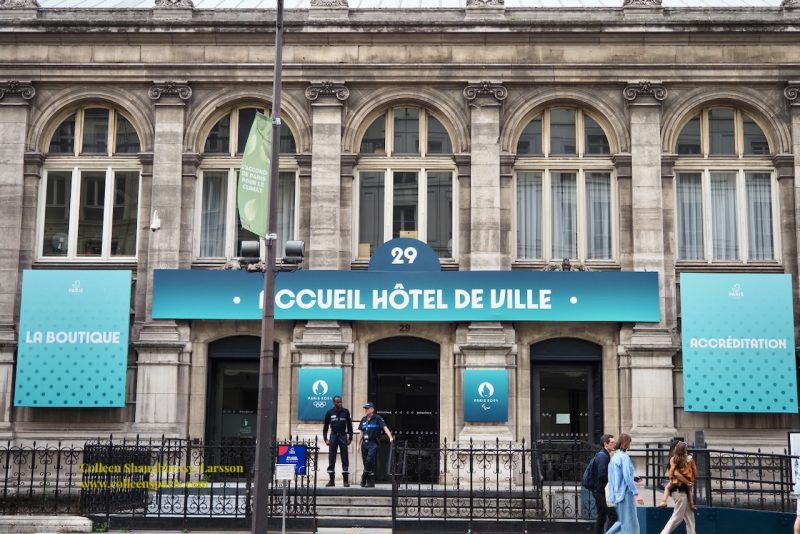 Hôtel de Ville entrance for Olympics press accreditation still visible in 2025