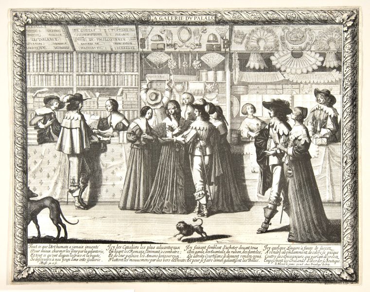 Illustration by Abraham Bosse for the Palace Gallery in the Palais de Justice, of shops for books, fabric, lace, mercerie (haberdashery), collars; exhibition Madame de Sévigné Lettres parisiennes Parisian Letters Musée Histoire de Paris Carnavalet www.colleensparis.com