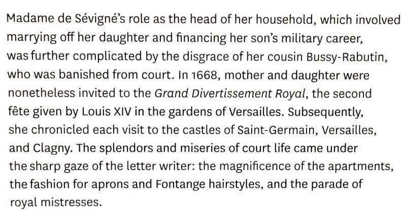 Exhibition text detail for section "This Place is Not for Me" describing her financial responsibilities for her children and impressions of court life; exhibition Madame de Sévigné Lettres parisiennes Parisian Letters Musée Histoire de Paris Carnavalet www.colleensparis.com